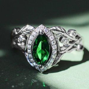💥 Emerald Marquis Gem Leaf Weave Silver Noble Rings for Women, MARR9098